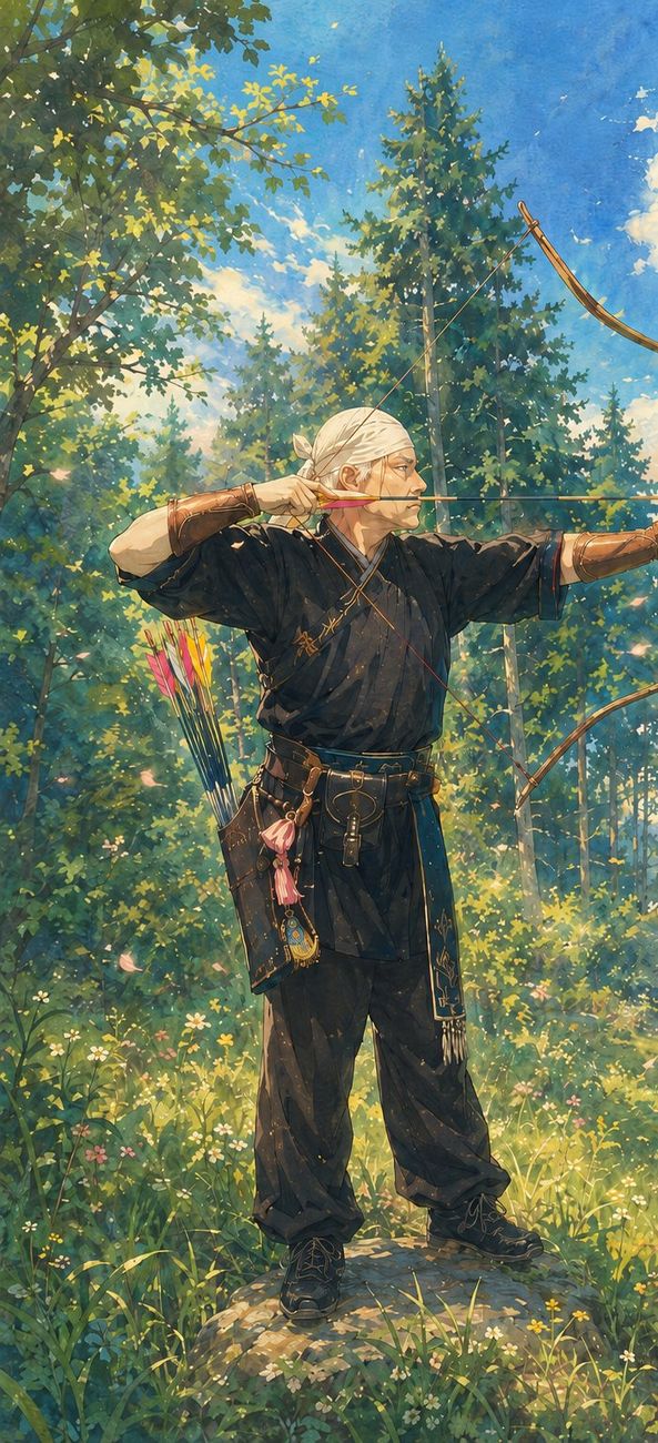 Illustration instead of photo – protecting the privacy of the people shown (data protection) Illustration: Archer with horse bow using the thumb-draw technique