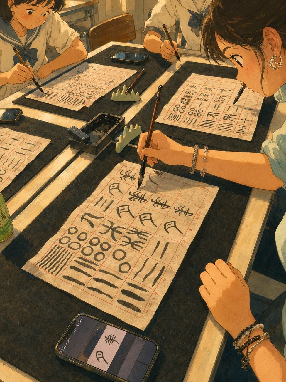 Illustration instead of photo – protecting the privacy of the people shown (data protection) Illustration: Calligraphy practice with brush and ink in class